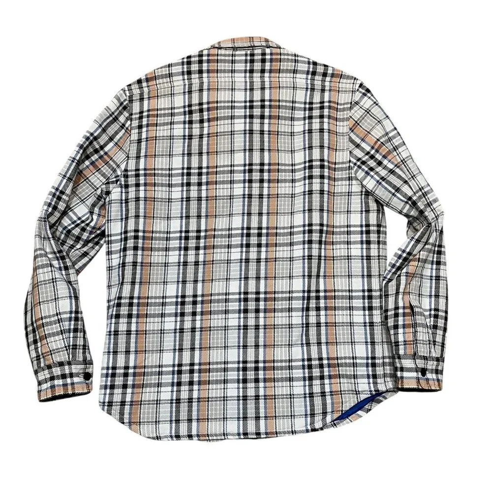 Mens J.Crew Plaid‎ Long-Sleeve Quilted Shirt Jacket Medium Cotton Blue Beige Tan